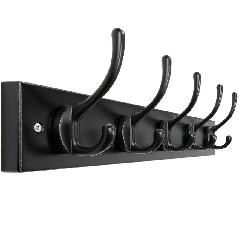 Dseap Wall Mounted Coat Rack: 16" Hole to Hole, Coat Hook Hanger with 5 Metal Hooks for Hanging Coats Towels Hats Clothes, Black - Image 1